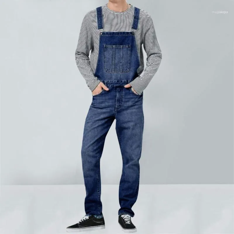 Heren jeansriem 2022 Mode Mannen Casual Solid Denim Overalls Volledige lengte Broek Pocket Drawstring Broek Bretels Jumpsuit