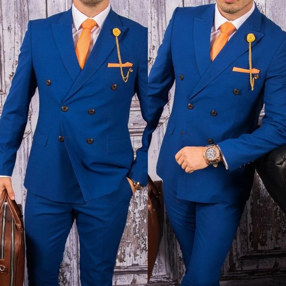 Smokings bleus hommes costumes affaires coupe ajustée veste à double boutonnage avec pantalon 2 pièces mariage formel