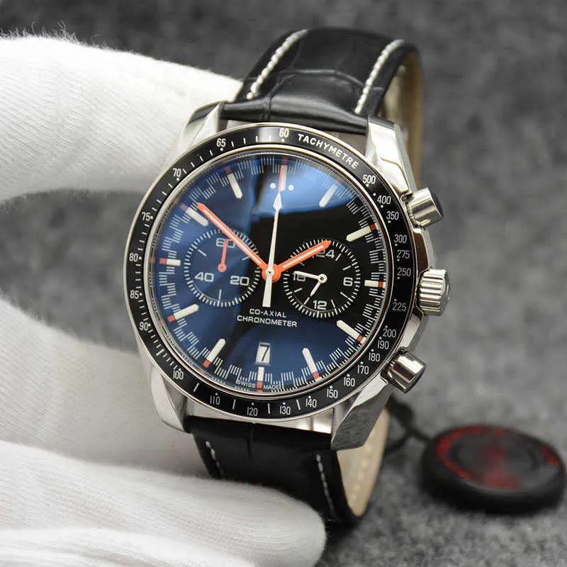 44MM Quartz Chronograph Date Mens Watches Round Dial Black Leather Band Orange Hands Fixed Bezel With A Top Ring Showing Tachymeter Markings