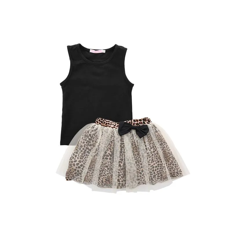 Roupas conjuntos de moda Casual Casual Cosual Criança Baby Girls Sleeveless O-Gobes Pullover Black Tops Print Lace Skirt Roupet Summer Partyclothin