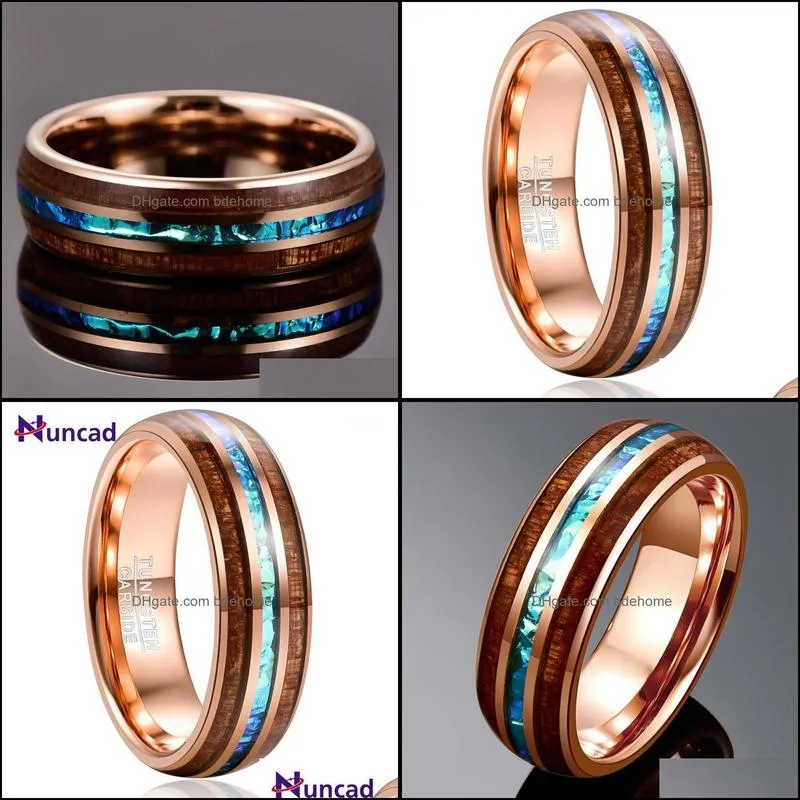 Wedding Rings Anniversary Gift 6MM Wide Plating Rose Gold Inlaid Acacia + Imitation Opel Dome Tungsten Steel Rings1