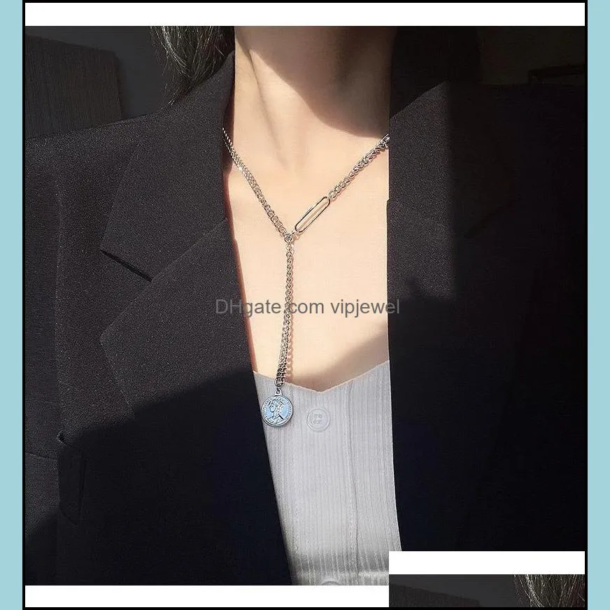 pendant necklaces fashion hip-hop pin round necklace irregular silver color for women girls simple long chain daily party bar accessory