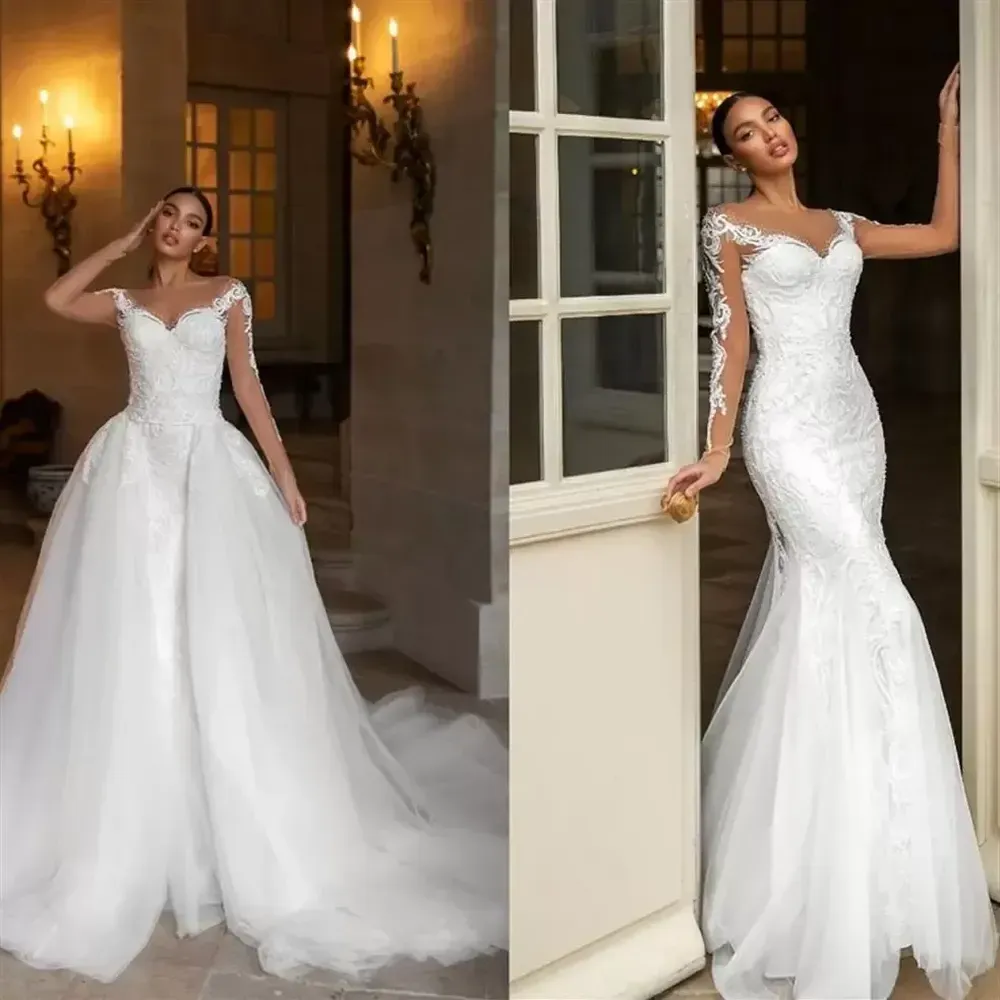 Mermaid Wedding Dresses with Detachable Train Sheer Neck Appliqued Lace Bridal Gowns robes de mariee Plus Size