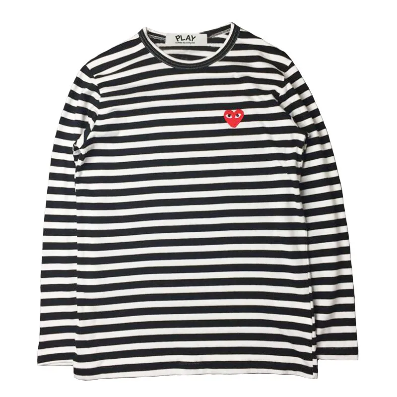 Play Shirt Spring Autumn T-shirt Striped Embroidered Love Round Neck Long Sleeve Loose Men Women T-shirt Couple Love T-shirt Cdgs Play T-shirtI282