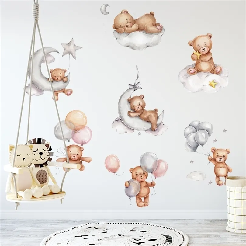 Funny Cute Teddy Bear Kids Room Wall Stickers Baby Nursery Room Decoration Wall Decals Watercolor Style Home Decor Interior 220727