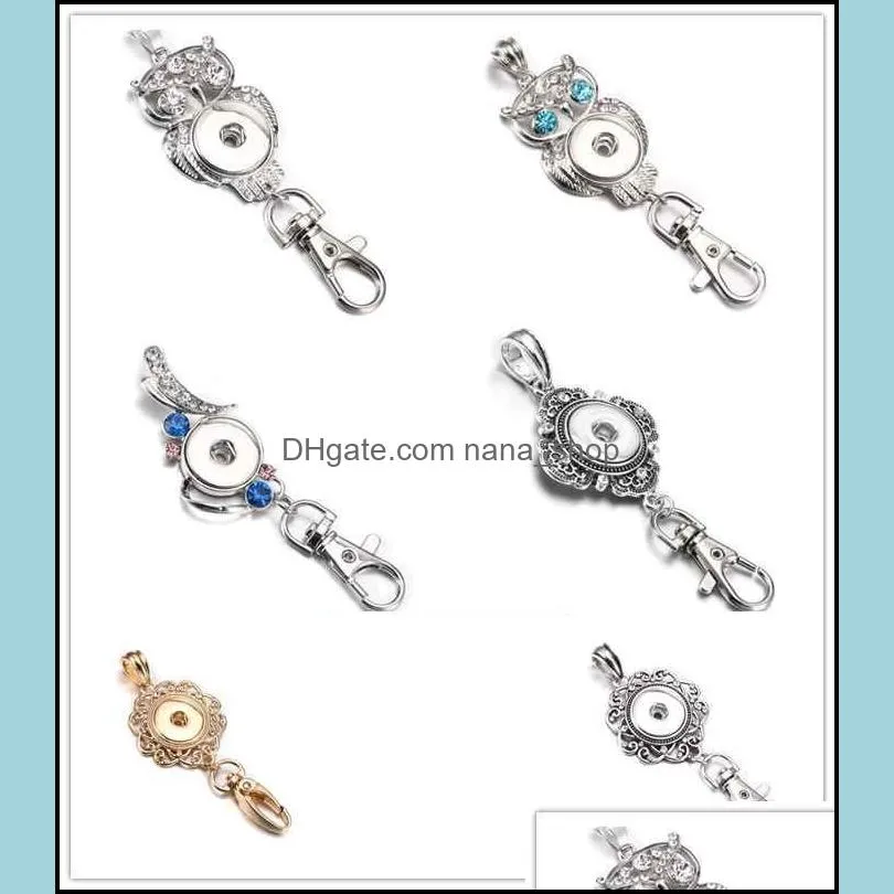 Snap Button Jewelry Metal Owl Heart Snap Key Chains Crystal 18MM Snaps Buttons Keychains Keyring for Women