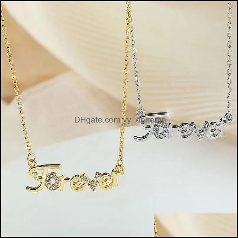 100% Genuine 925 Sterling Silver Link Chain Necklaces for Women Ladies INS Zircon Forever Letters Pendant Necklace YMN213