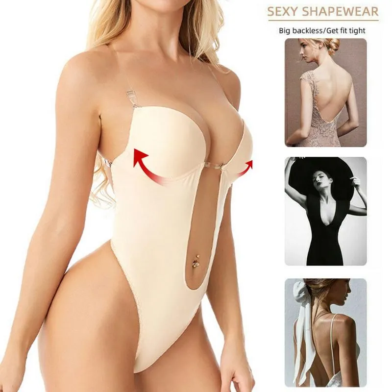 صائغات النساء المثيرات bodysuit مشد عارية الذراعين العميق v-tech body المشعب u back thong الخصر مدرب واضحة حزام مبطنة