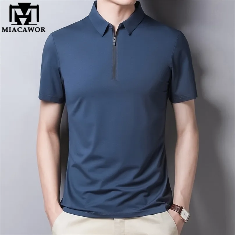 Klassieke vaste kleur Polo shirt Men Silk katoen Zomer Korte mouw T -shirts Homme Slim Fit Casual Zipper Camisa Polo T1014 220616