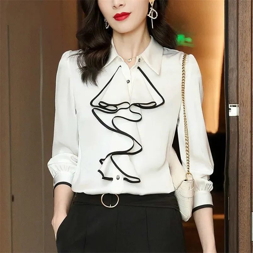 Kvinnors skjorta Ruffles Wave Cut Blouses Spring Autumn Elegant Fashion Office Lady T Shirts Långärmad Lapel Tops Ladies 220407