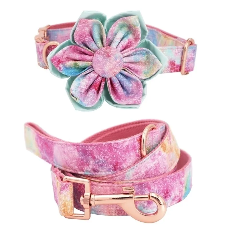 dream girl dog collar flower and leash set for pet cat with rose gold metal buckle Y200515