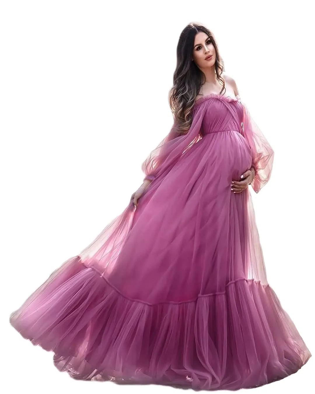 Tulle Maternity Gown Strapless Off-The-Shoulder Long Sleeve with Lace Up  Back and Sweep Train from Dhgate Prom Dresses - price 78.17