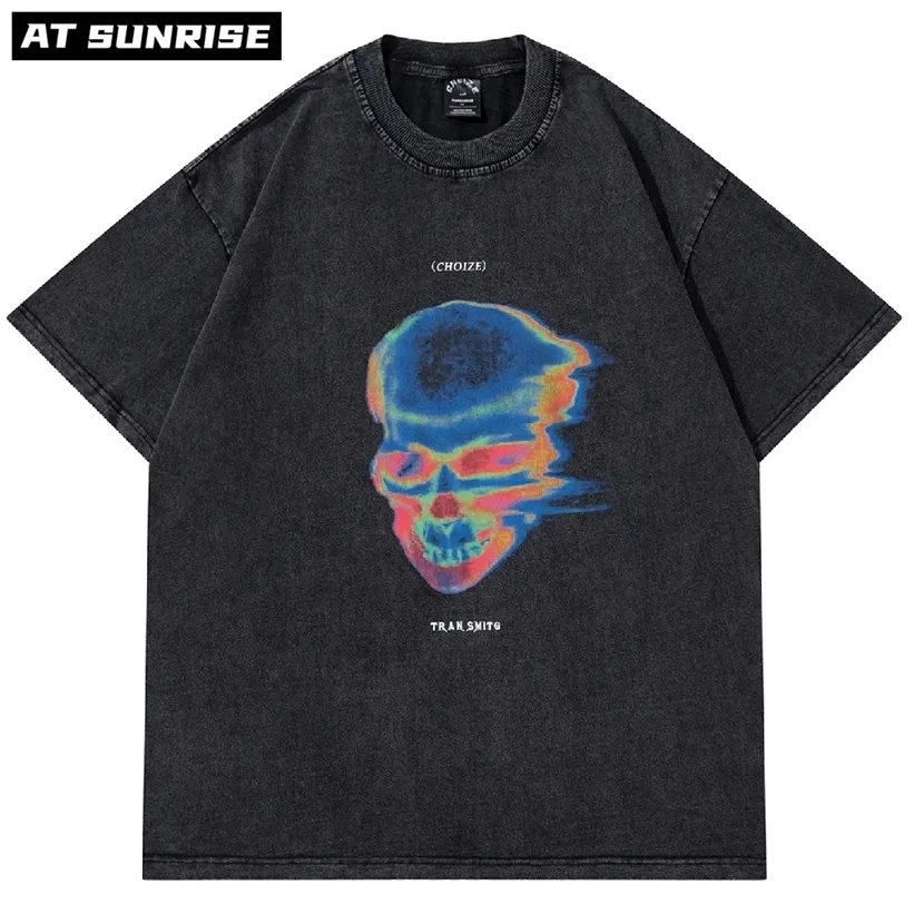 Hip Hop Boy Yıkanmış T-Shirt Streetwear Harajuku Vintage Retro İskelet Grafik Baskılı T Gömlek Erkekler Yaz Kısa Kollu 220326 Tops