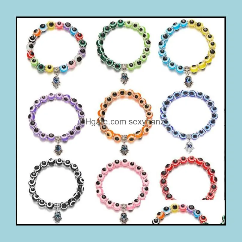 Evil Eye Strands Bracelet Charms Fatima Hamsa Hand Lucky Blue Eyes Beaded Bracelets for Women Men Lovers Elastic Rope Beads Jewelry