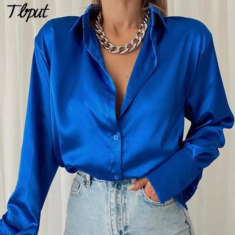 Women Elegant Satin Solid Long Sleeve Blouses Female Chic Vintage Blue Green Casual Loose Fitting Buttons Down Shirts Tops W220321