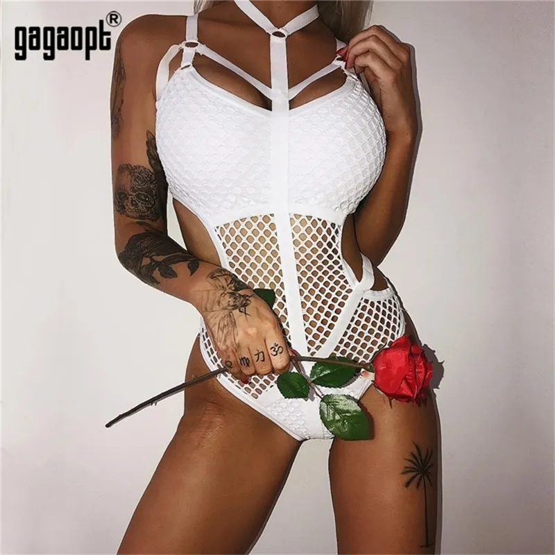 Gagaopt färg spetsar bodysuit kvinnor kropp bandage lapptäcke mesh bodysuit svart halter sexig klubb jumpsuit overall 220513