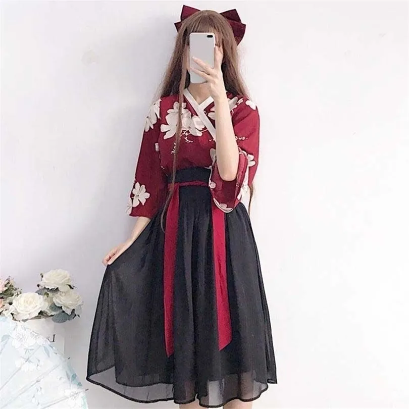 Kimono Floral японский стиль Kawaii Girls Yukata Summer Top Top наряды для женщин для женщин винтажная вечеринка азиатская одежда Hoori T200603