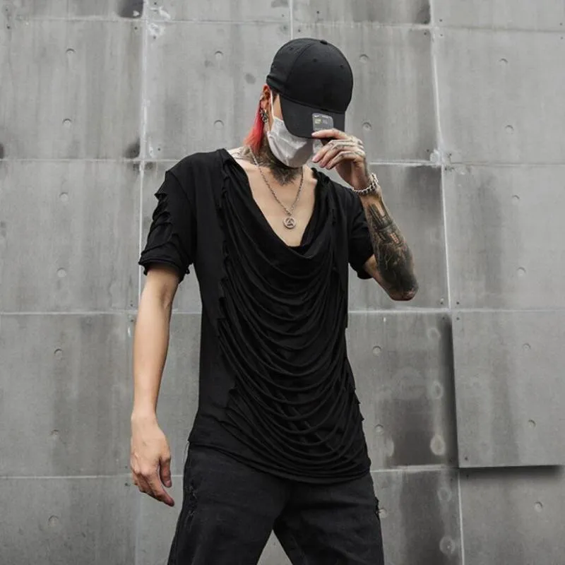 Men's T-Shirts 2022 Summer Men Personality Ripped Tassel Slim Fit Short Sleeve T Shirt Punk Hip Hop Tee Shirts Gothic Vintage Street Wear