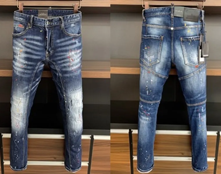 2023 New Men Jeans Hole Light Blue Dark gray Italy Brand Man Long Pants Trousers Streetwear denim Skinny Slim Straight Biker Jean for D2 Top quality size 28-38 A15