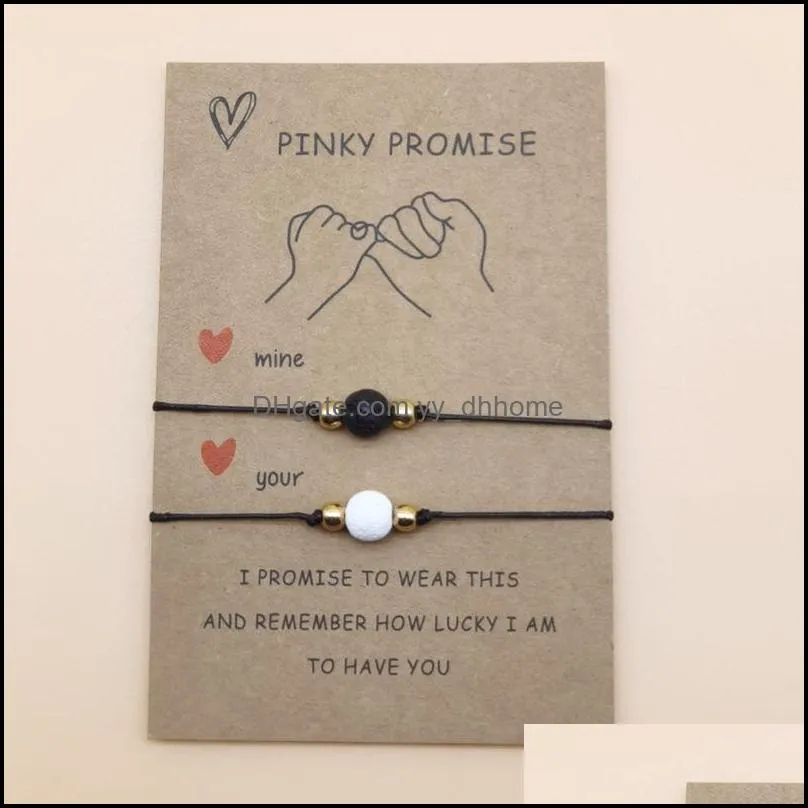 black white lava stone beaded bracelets pinky promise paper card lover couple friendship bracelet adjustable rope essential oil diffuser women men jewelry