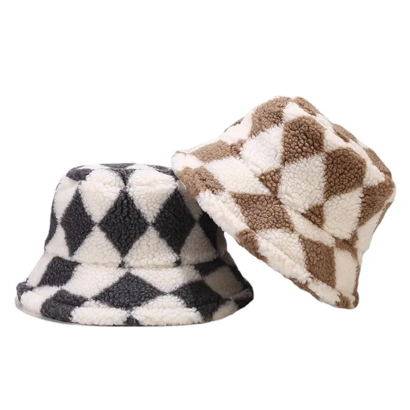 Berets 2022 Winter Bucket-Hats Diamond Printed Lamb Wool Fisherman Hat Man Women Thickened Warm Panama Hats Faux Fur Soft