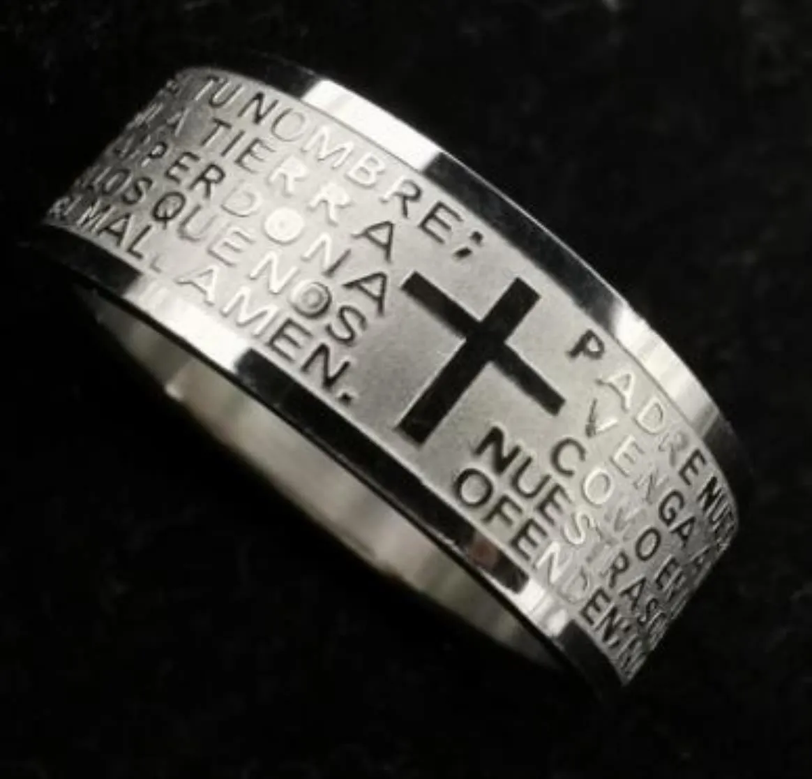 Band Rings Gold Silver Silver Rostfritt Steel English Lord's Prayer Cross Etaching Polishing Ring