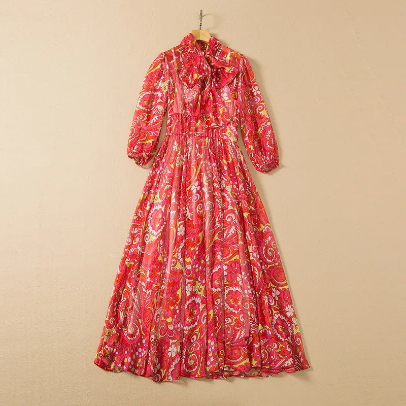 Spring 3/4 Sleeve Mid-Calf Dress Round Neck Red / Green / Lavender Floral Paisley Print Chiffon Ribbon Tie Bow Panelled Elegant Casual Dresses 22Q032101