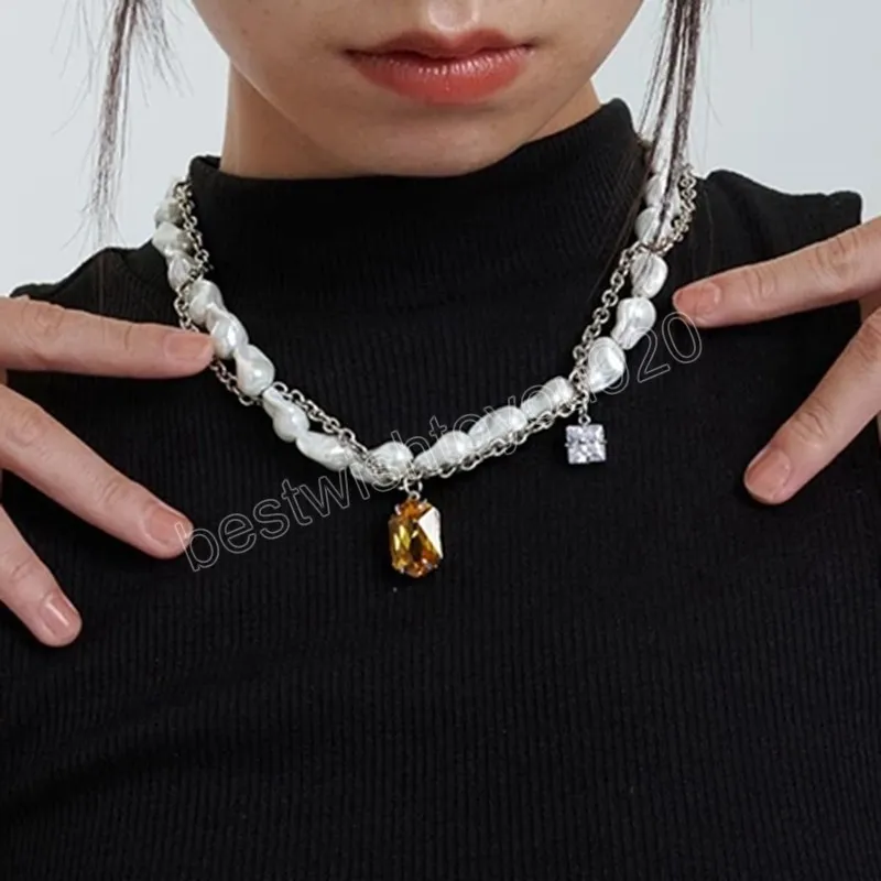 Collana di perle irregolari di moda coreana per le donne Ragazze Gioielli da festa con collana pendente in cristallo giallo alla moda