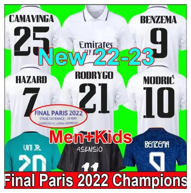 Finaler 22/23 Benzema Soccer Jerseys Y-3 Alaba Hazard Camaveringa 2022 2023 Fjärde tröja Asensio Modric Marcelo Valverde Men Kids Kits Football Shirt Championship