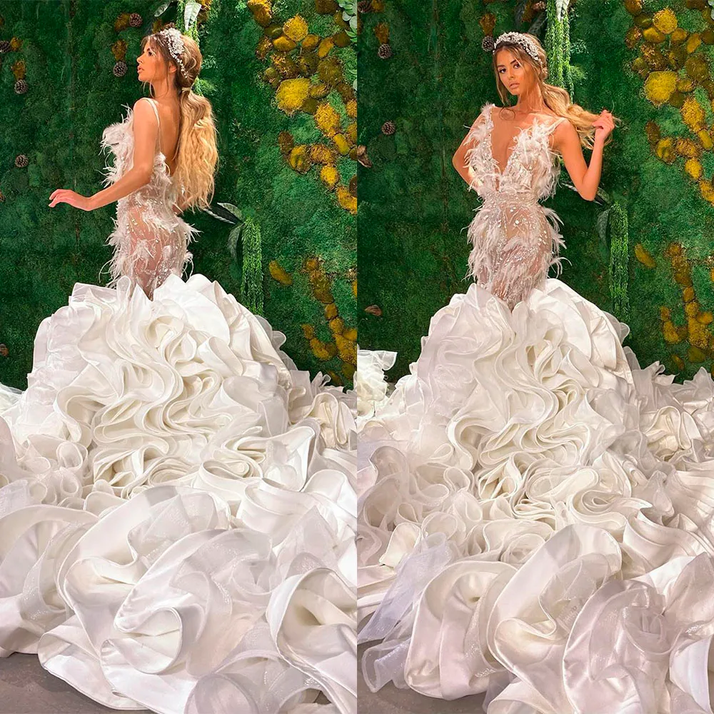 Charming Cascading Ruffles Mermaid Wedding Dresses Illusion Deep V Neck Ostrich Feather Bridal Gowns Robe de