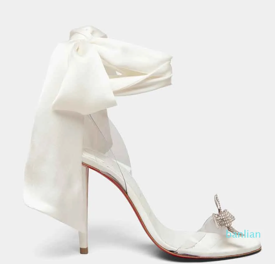 Womens Crystal Bow Sandals, Elegant Leather High Heels Pumps For