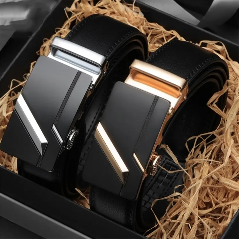 Berühmte Marke Gürtel Männer Top Qualität Echtes Luxus Design Leder Gürtel Strap Männliche Metall Automatische Schnalle Cinturones Para Hombre 220317