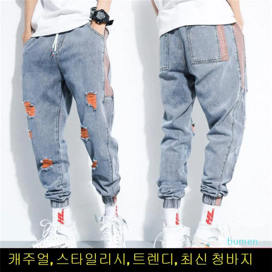 Jeans de moda rasgados para homens quatro temporada de harém de harém de harém de estilo de streetwear de estilo hip-hop calças elásticas da cintura elástica255f
