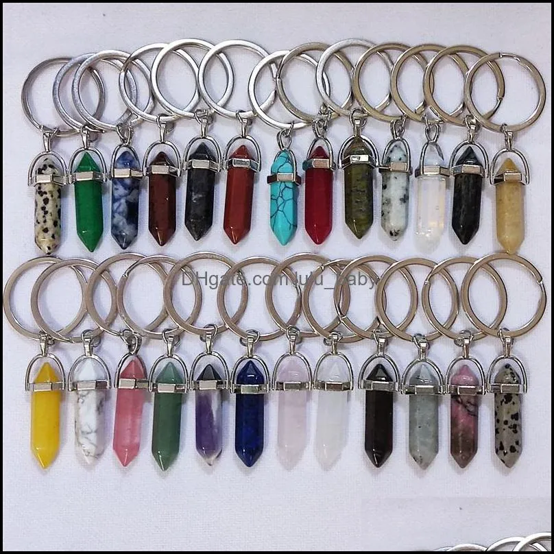 natural stone hexagonal prism key rings silver color healing pink crystal car decor keyholder keychains for women me lulubaby