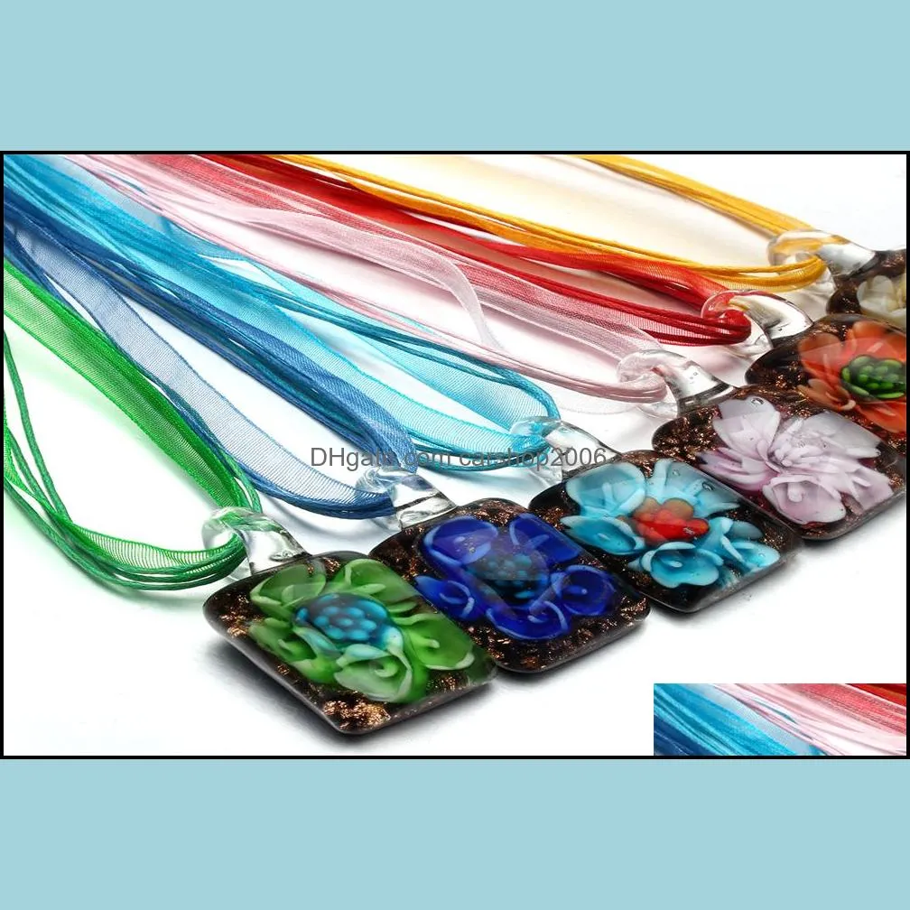 6pcs mixed color jewelry glass flower square murano lampwork pendant with silk rope necklaces