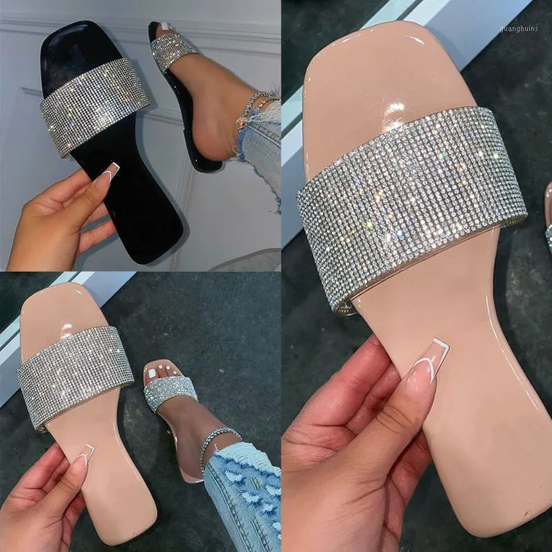 슬리퍼 여성 레저 2022 패션 블링 블링 샌들 여름 신발 평평한 바닥 슬라이드 여성 광장 발가락 야외