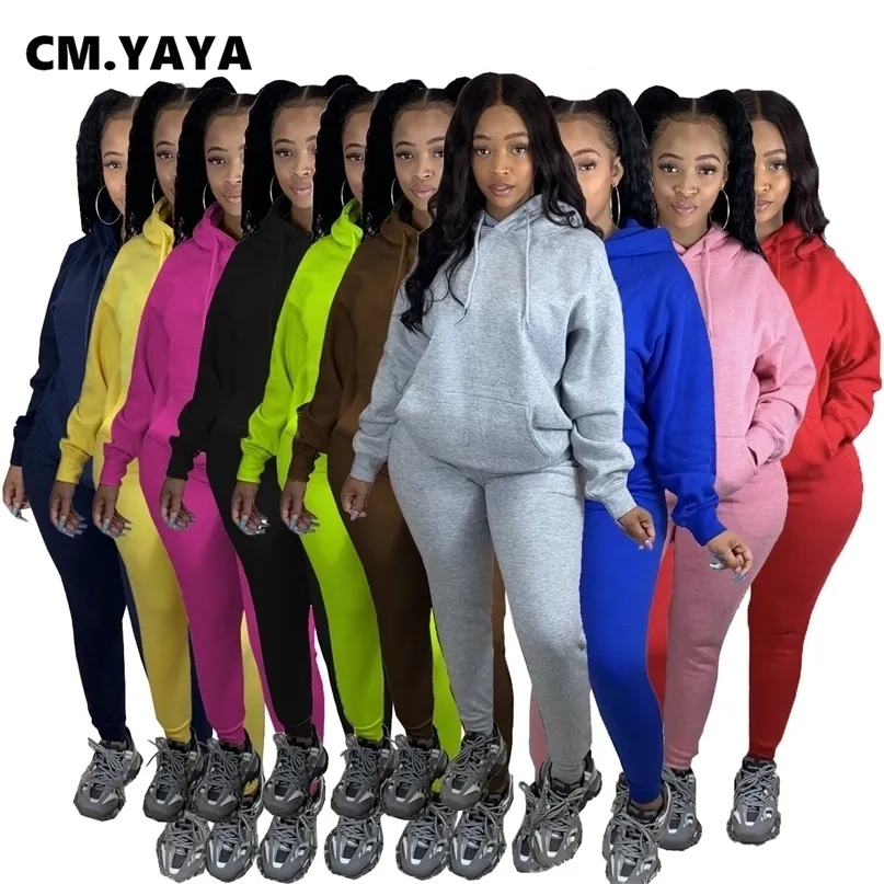 CM.Yaya Active Sweatsue Två 2piece Set för Kvinnor Vinter Fitness Outfit Fleece Pullover Hoodies + Jogger Byxor Matchande Tracksuit 220315