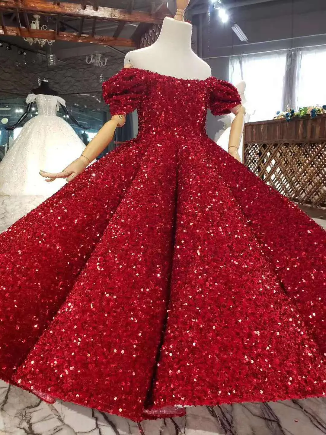Luxury Silver Red Sequin Off Shoulder Flower Girl red wedding dress with Ruched Detailing Perfect for Pageants Parties and Special Occasions