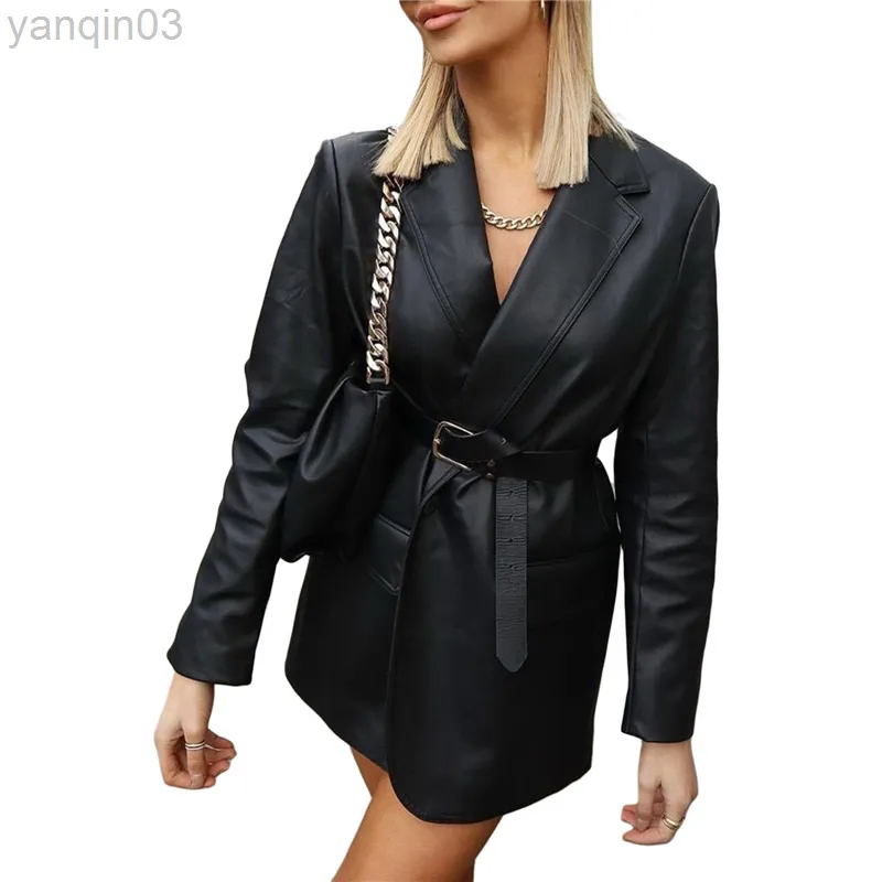 Veste en similicuir pour femmes à manches longues et avec de fausses poches Casual Blazer boutonné Vestes Manteau solide L220801