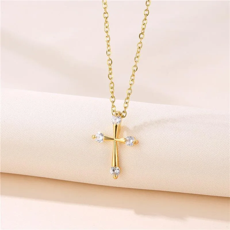 Pendant Necklaces Simple Jesus Cross Necklace For Women Stainless Steel O-chain Four Zircon Jewelry Party GiftPendant