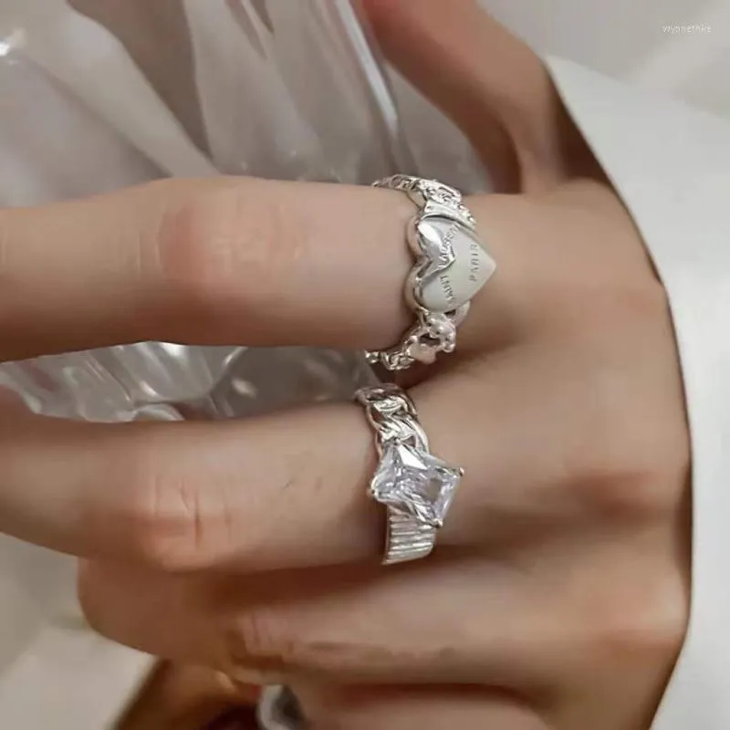 Bröllopsringar silverfärg kärlek hjärta för kvinnor mode koreanska flickor par öppnar justerbar fyrkantig kubik zirkoniumring punk smycken wynn2