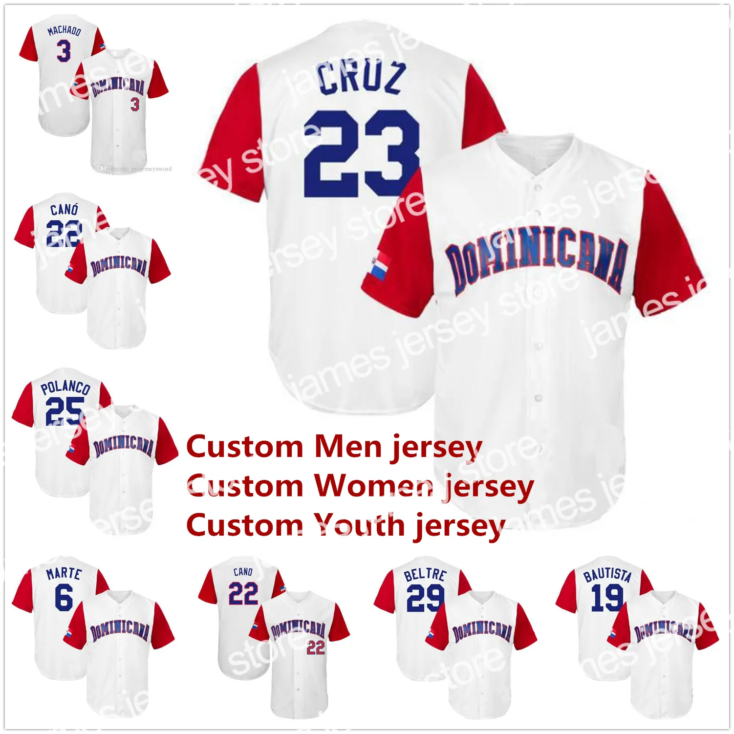 James Custom Repubblica Dominicana World Baseball Classic Maglia cucita WBC Manny Machado Starling Marte Jose Bautista Robinson Cano Nelson Cruz