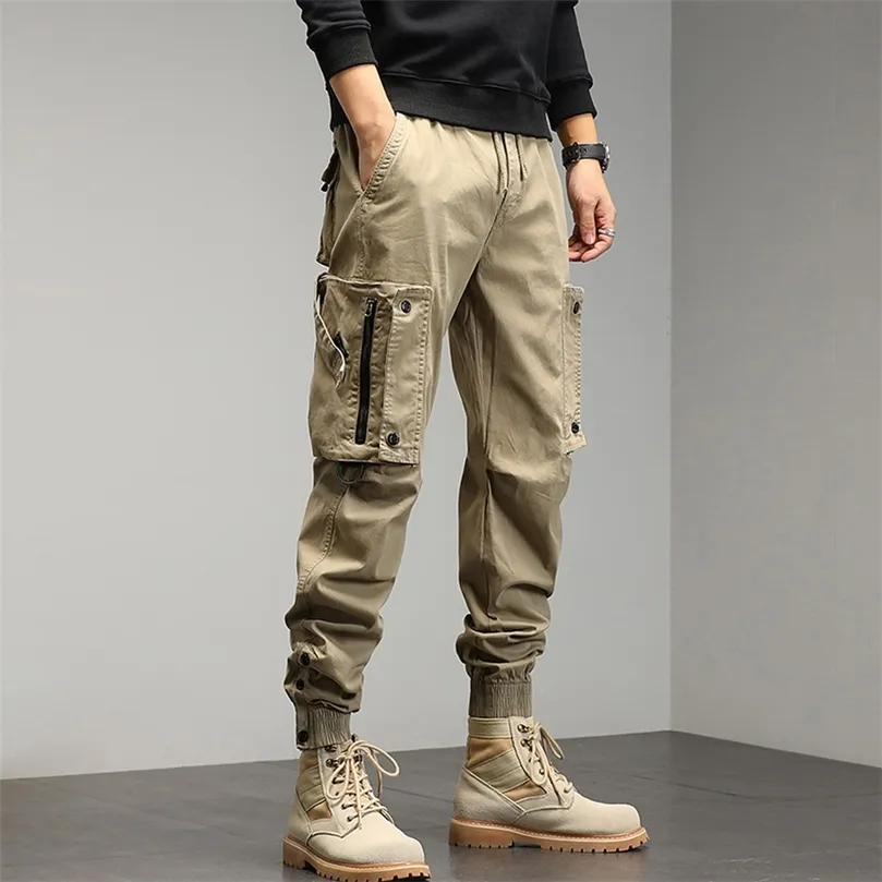 Khaki Cargo Pants Men Drawstring Ankle Length 9 Part Trousers Streetwear Fashion Cotton Casual Work Military 220622