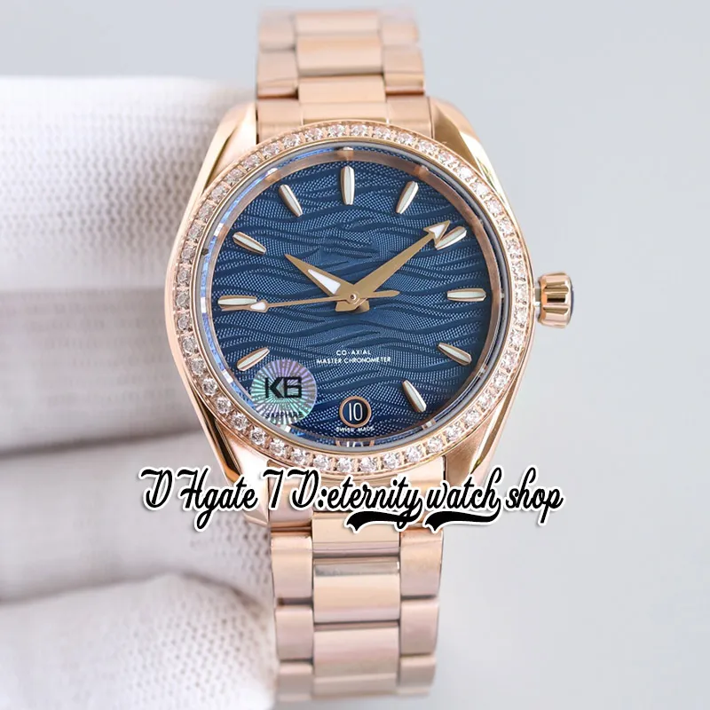 RWF Aqua Terra 150m A8800 Automatische dames Watch 220.55.34.20.55.001 34 mm Blauw reliëfgolfpatroon wijzerplaat diamant roos Rose Gold roestvrijstalen Eeuwige horloge horloges