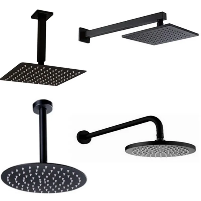 Black Round and Square Rain Shower Head Ultrathin 2 mm 8 10 12 16 Inch Choice Bathroom Wall & Ceiling Mounted Shower Arm 201105