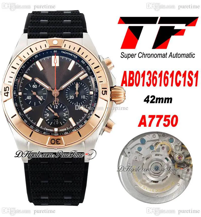 TF B01 ETA A7750 Cronógrafo automático Reloj para hombre Dos tonos Oro rosa Marrón Esfera negra Marcadores de barra Correa de caucho AB0136251B2S1 Super Edition Puretime 01e5