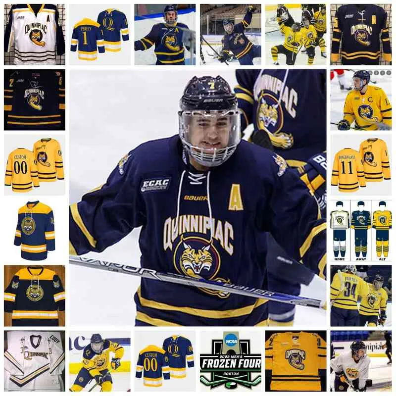 Xflsp 2022 College Frozen Four Custom QU Quinnipiac Bobcats Hockey Jersey 1 Yaniv Perets 2 Iivari Rasanen 3 Jack Babbage 4 Michael Lombardi 5 C. J.