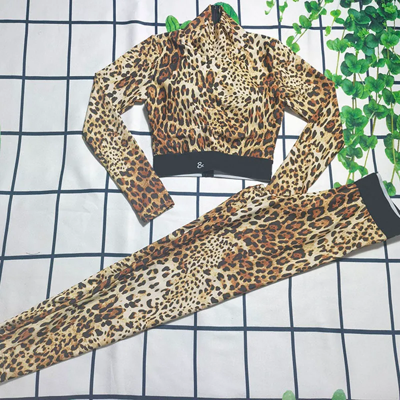 Chándales de primavera y otoño para mujer con cremallera, correas con letras de leopardo, trajes de Yoga para exteriores, ropa deportiva clásica con protección solar