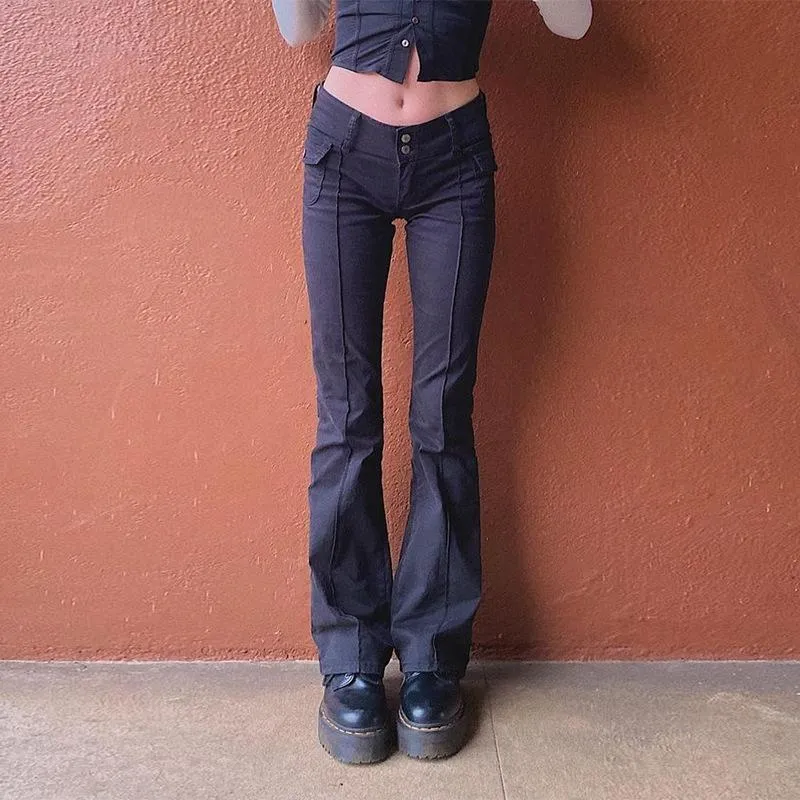 Vintage Slim Flare Low Rise Black Pants With Aesthetics, E Girl