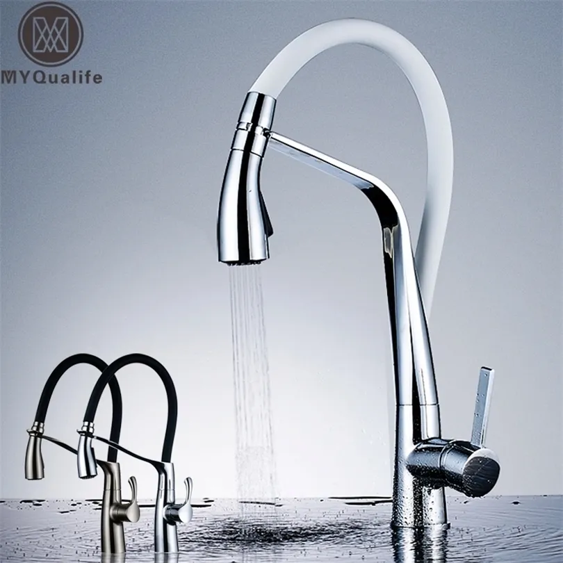 Chrome White Kitchen Faucet Deck Mounted Hot Cold Water Mixer Faucet for Kitchen Pull Down Mixer Crane 2 Function Spout T200424